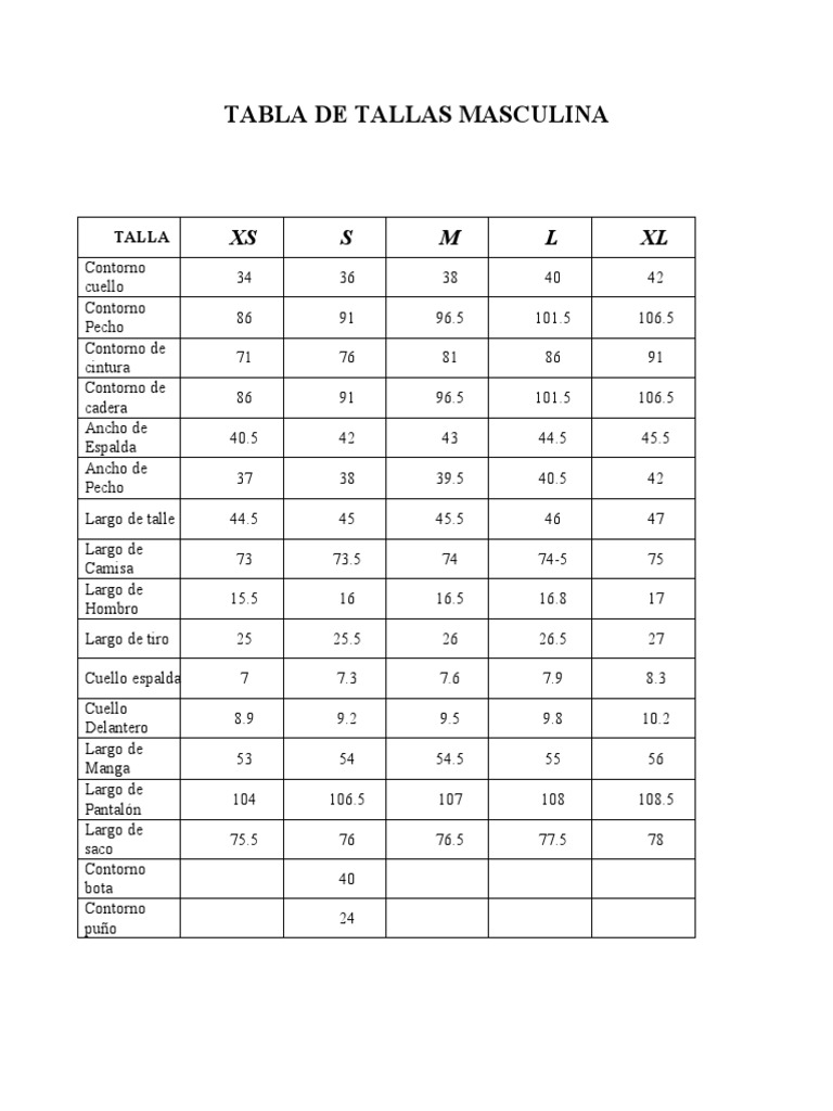 Tabla de Tallas Masculinas Detallada | PDF | Estilo de vida