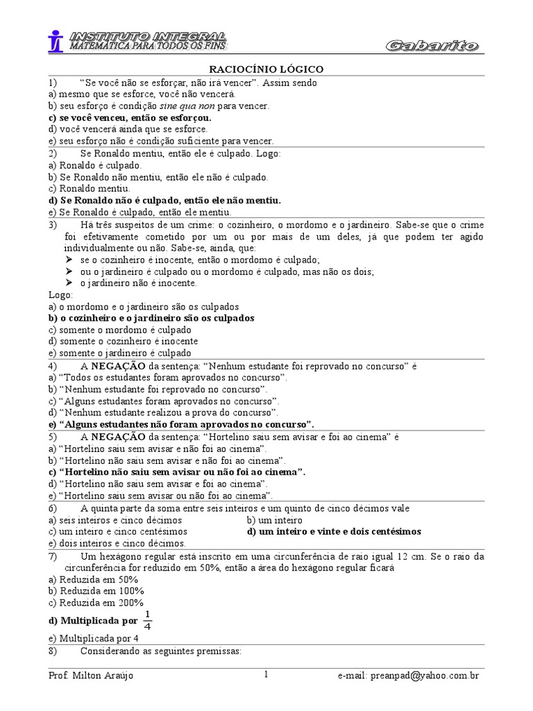 Simulado de Raciocinio Logico (Gabarito) | PDF | Lógica | Solução