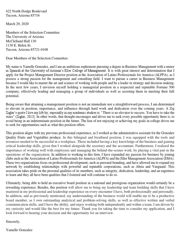 Eller College of Management Professional Admission Cover Letter PDF