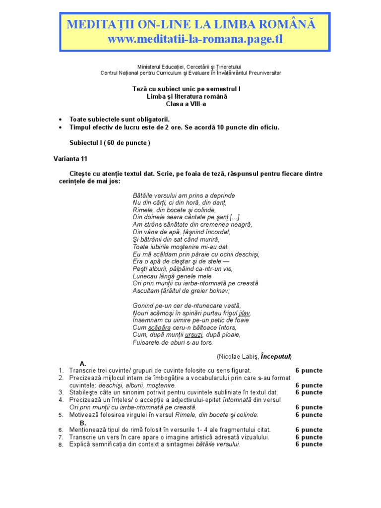 Subiecte limba romana teze unice clasa VIII