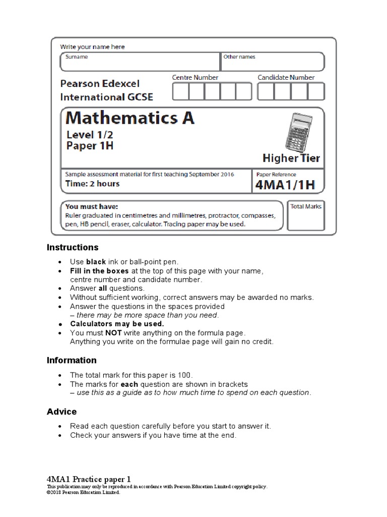Igcse 9 1 Maths Practice Paper 1 | PDF | Triangle | Geometry