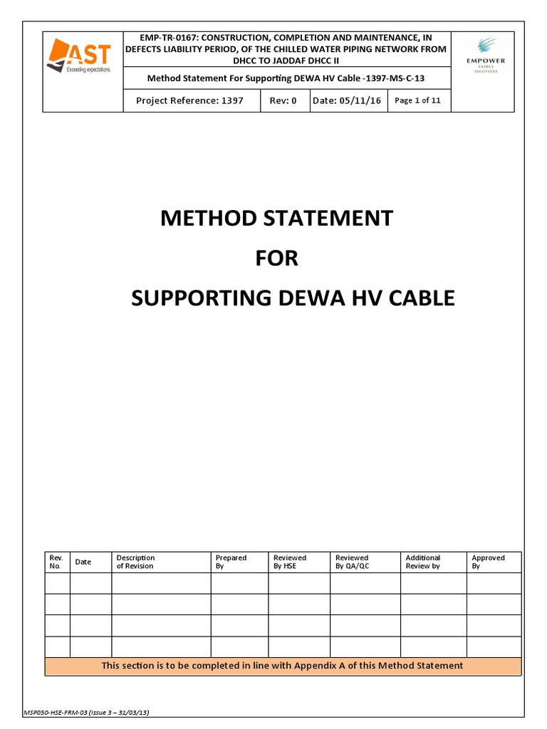 1397 - Method Statement For Supporting DEWA Cables | PDF | Excavation ...