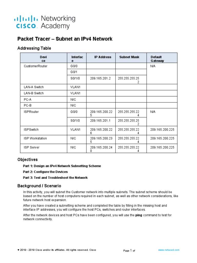 Packet Tracer - Subnet An Ipv4 Network: Addressing Table | PDF | Ip ...