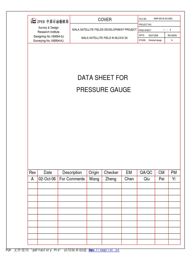 Pressure Gauge Data Sheet For Cover PDF Pressure Measurement Gases