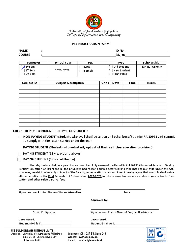 USeP Pre-Registration Form 2020-2021 | PDF | Tuition Payments | Privacy
