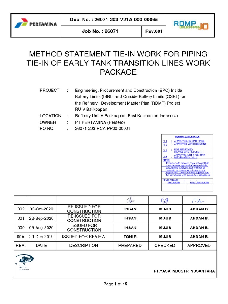 Method Statement TieIn Work For Piping TieIn of Early Tank Transition