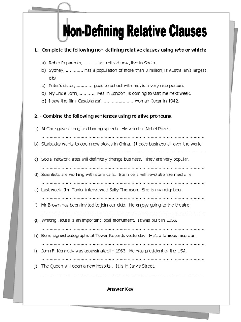 1.-Complete The Following Non-Defining Relative Clauses Using or Which ...
