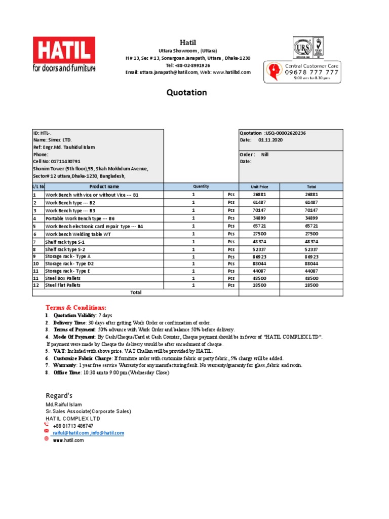 Work Bench and Rack Quotation Details | PDF | Money | Payments
