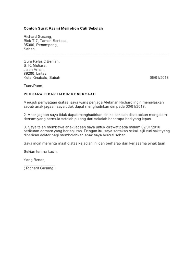Contoh Surat Rasmi Memohon Cuti Sekolah Soleha  PDF