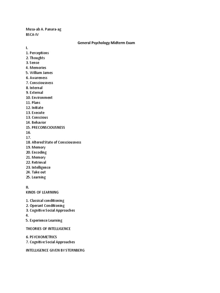 General Psychology Midterm Exam | PDF