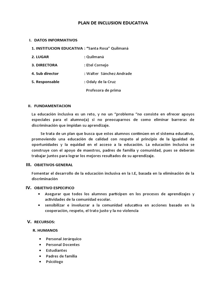 Plan de Inclusión Educativa en Quilmaná | PDF | Inclusión (Educación ...