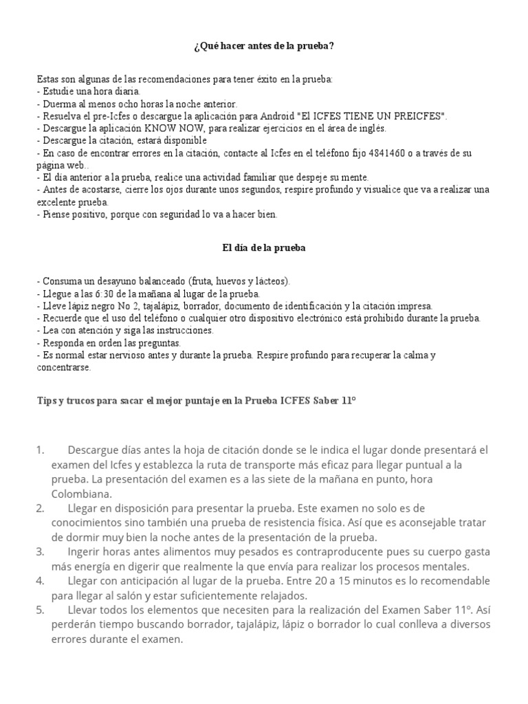 Qué Hacer Antes y El Dia de La Prueba Saber 11 | PDF | Prueba ...