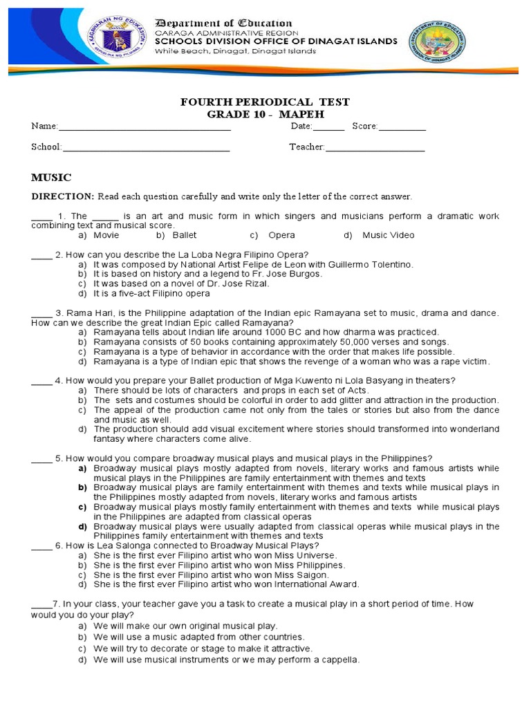 GRADE 10 MAPEH Music Arts 4th Quarter Test | PDF | Ramayana | Play ...