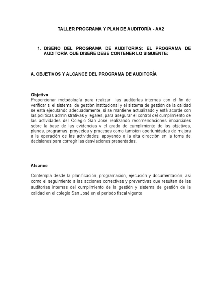 Taller Programa y Plan de Auditoría - Aa2 | PDF | Auditoría | Contralor