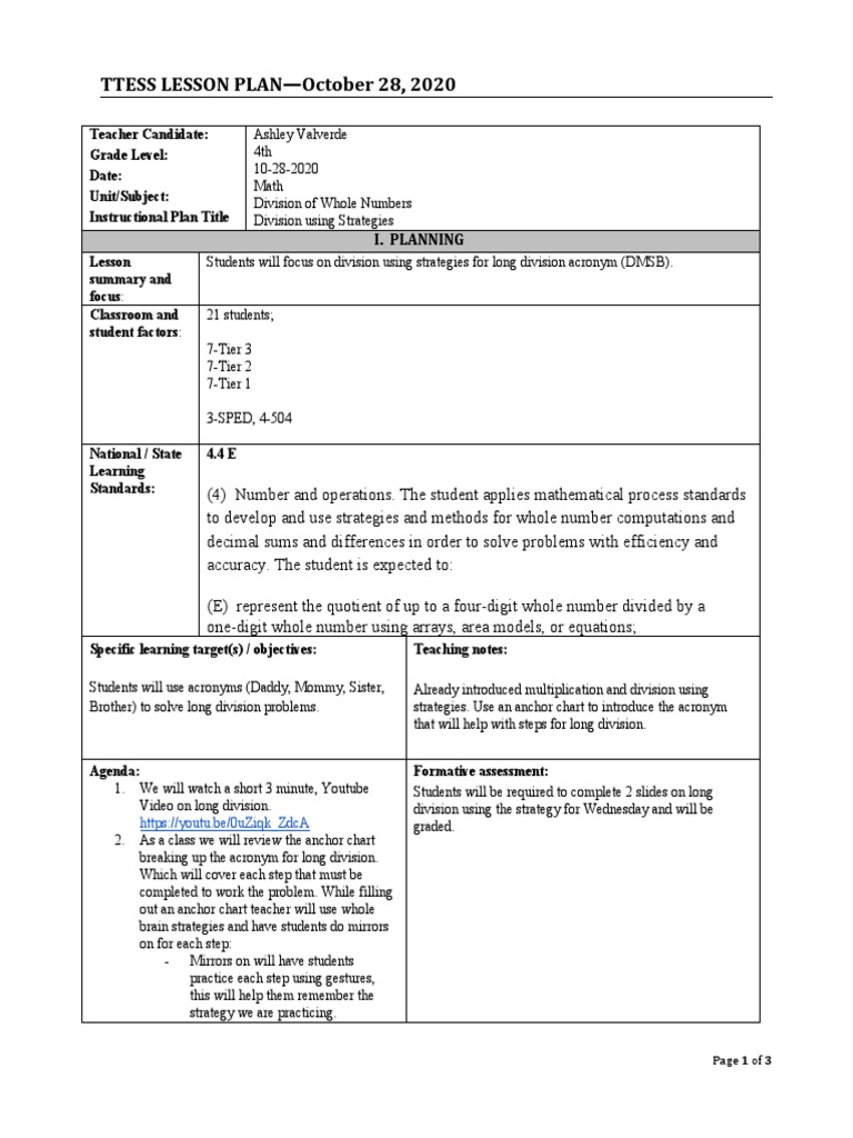Division Lesson Plan Pdf Lesson Plan Behavior Modification