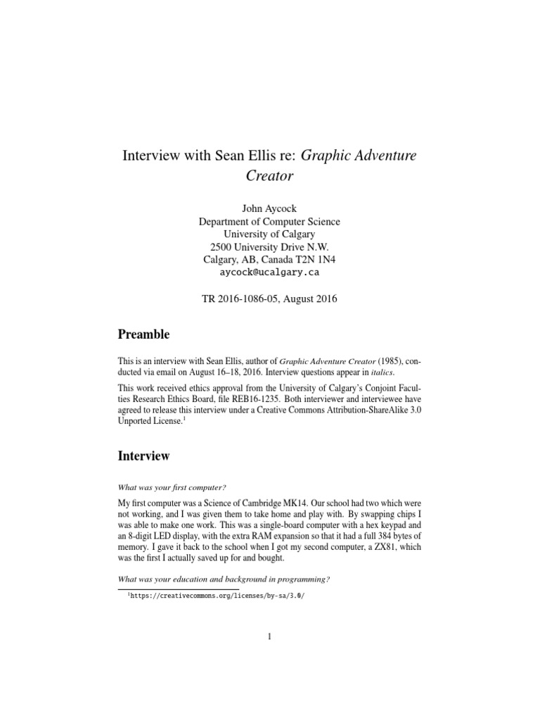 Interview With Sean Ellis Re Graphic Adventure Creator Preamble PDF