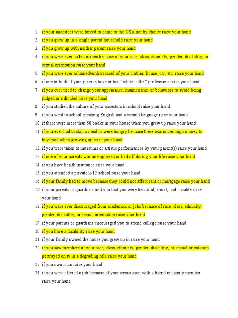 Privilege Walk Questions PDF Gender Gender Studies