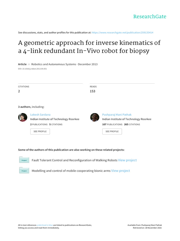 A Geometric Approach For Inverse Kinematics of A 4 Link Redundant in ...