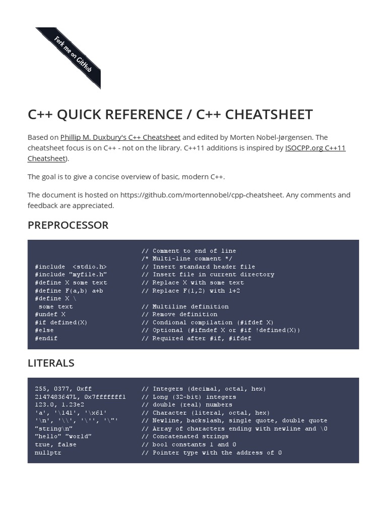 C++ Quick Reference / C++ Cheatsheet: Preprocessor | PDF | Constructor ...