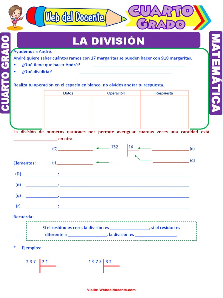 Ejercicios de División para Cuarto Grado