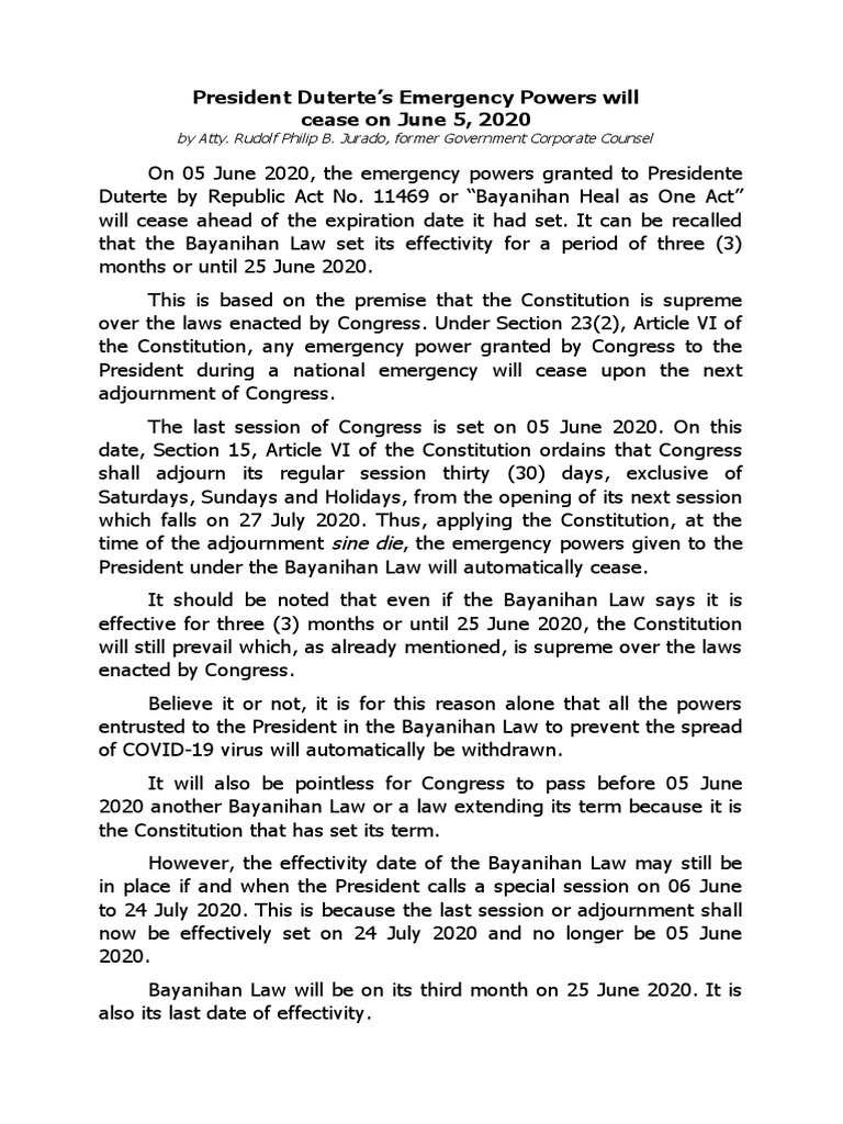 President Duterte's Emergency Powers Will Cease On June 5, 2020 | PDF ...