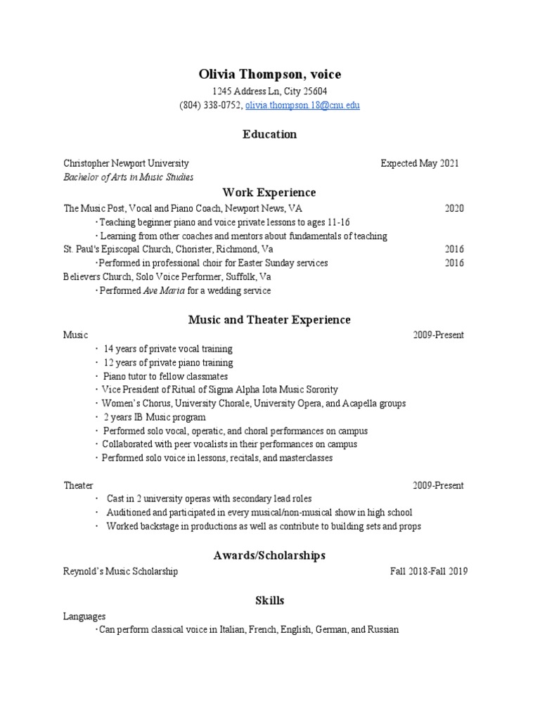 Olivia Thompson: Music Studies CV | PDF | Choir | Opera