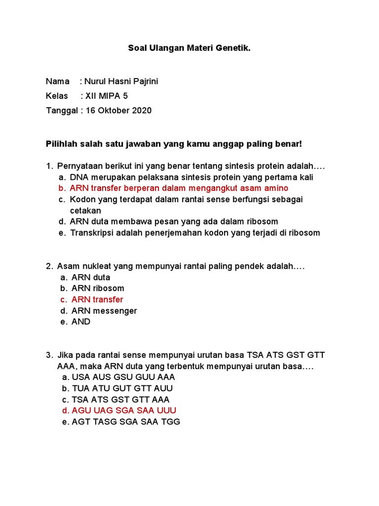Soal Ulangan Materi Genetik B Arn Transfer Berperan Dalam Mengangkut Asam Amino Pdf