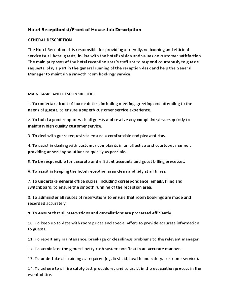 Hotel Receptionist Job Description PDF Business Hotel And