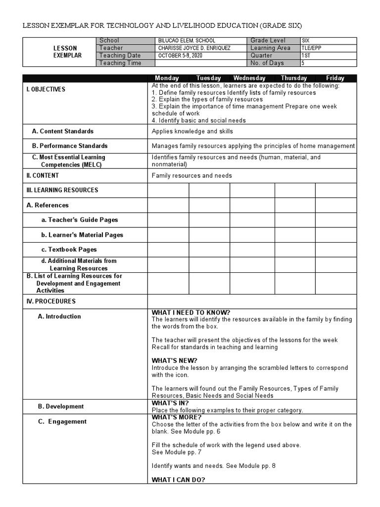 Grade 6 TLE Lesson Exemplar: Family Resources | PDF | Learning | Teachers