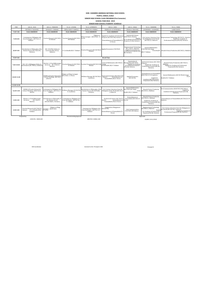 Class Program S.Y. 2018 2019.xlsx SHS | PDF | Academia