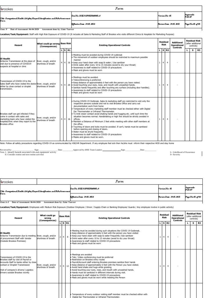 COVID-19 Risk Assessment for Employees | PDF | Transmission (Medicine ...