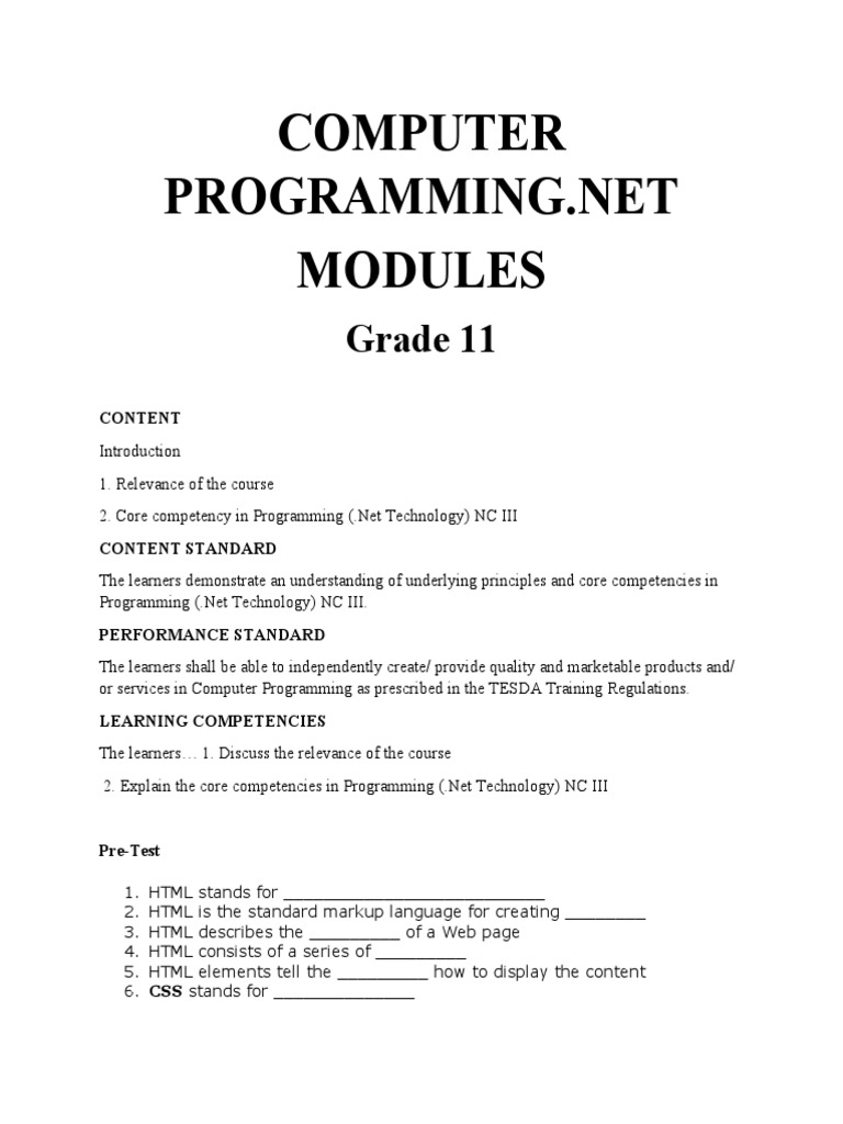 Grade 11 .NET Programming Course Guide | PDF | Html | Cascading Style ...
