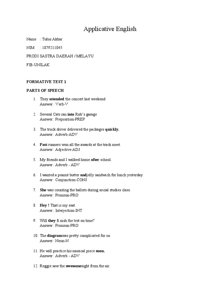 Applicative English: Formative Test 1 Parts of Speech | PDF | Adverb | Verb