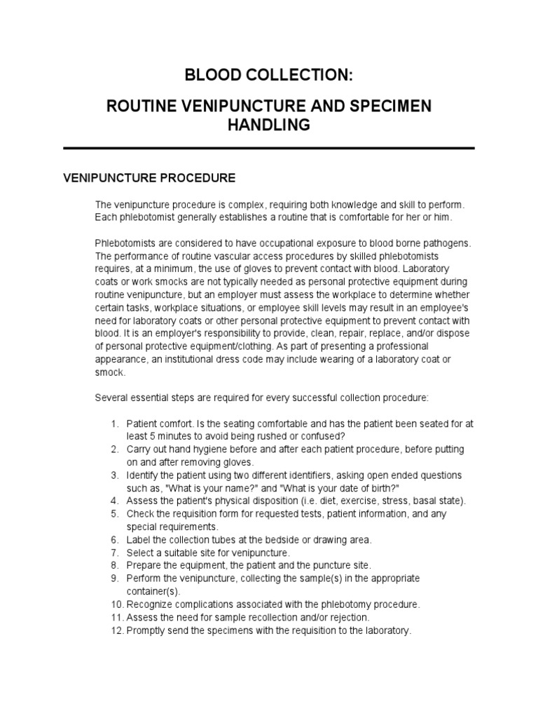 Blood Collection Routine Venipuncture and Specimen Handling PDF