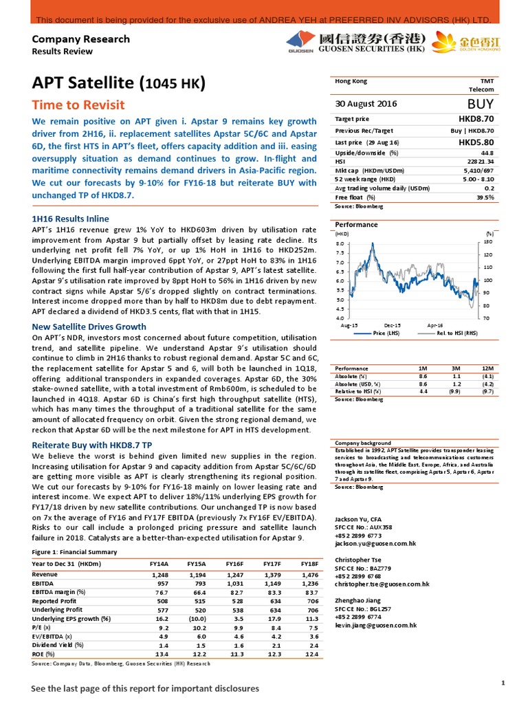 APT Satellite 1H16 Results Review | PDF | Securities (Finance) | Revenue