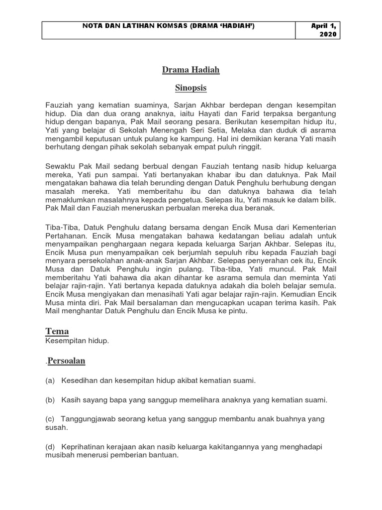 Nota Dan Latihan Drama Hadiah Pdf