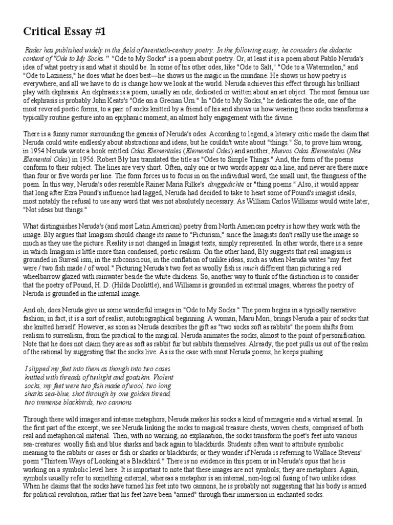 Ode To My Socks Essay 1 PDF Poetry