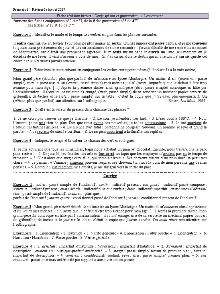 Fiche De Revision Brevet Francais Pdf Fiche Révision Sur Les Verbes - PDF 5315 | PDF | Verbe | Mécanique du  langage