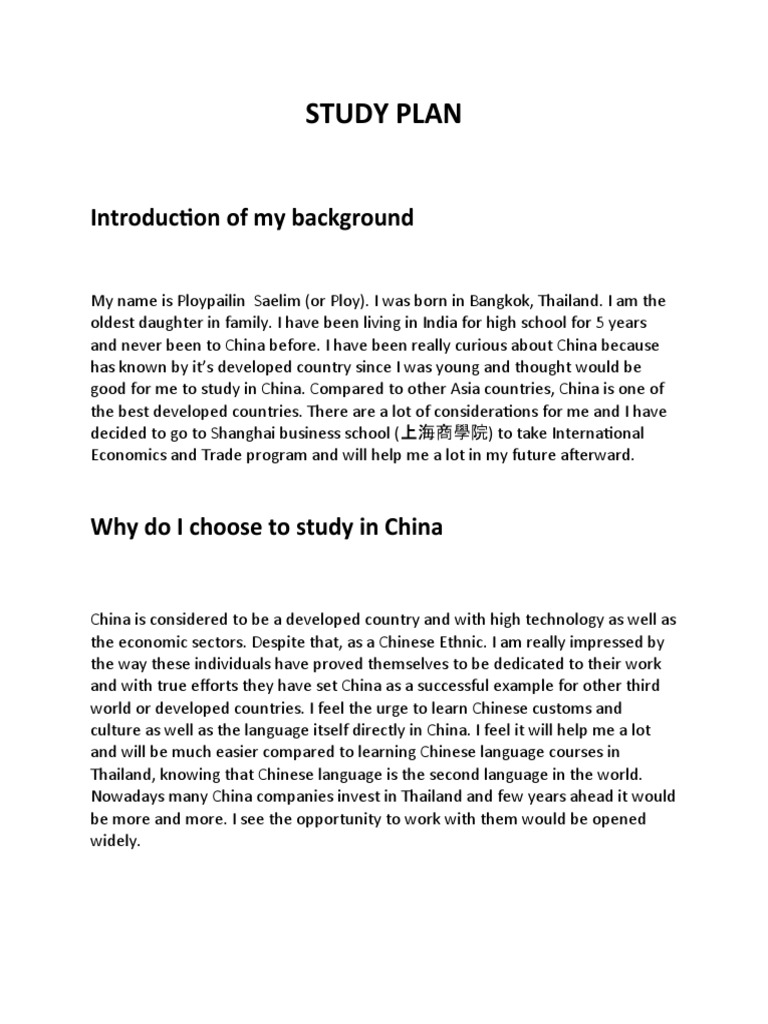 STUDY PLAN (Ploypailin Saelim) | PDF | International Student | China