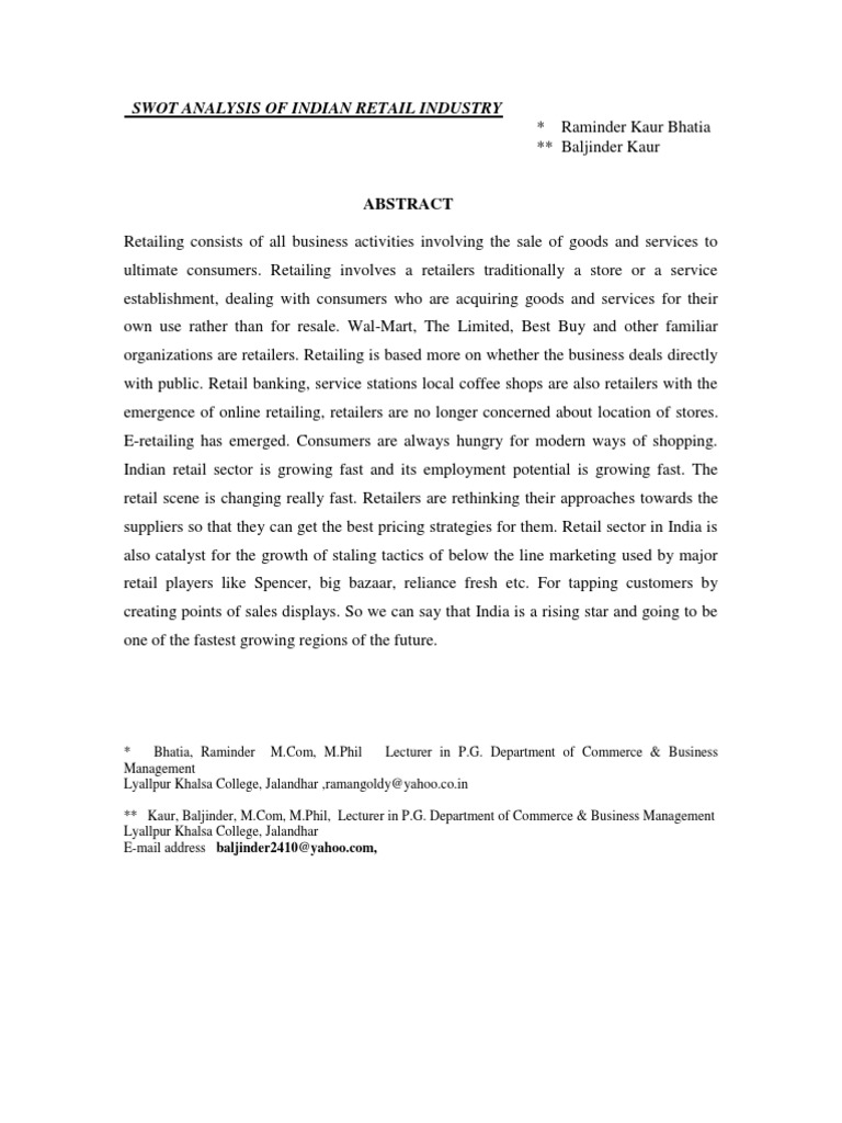 SWOT Analysis Of Indian Retail Industry Retail