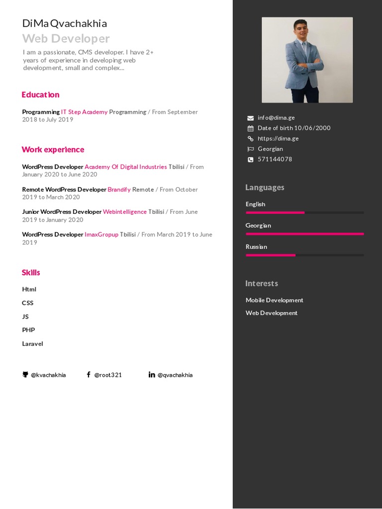Web Developer Profile: DiMa Qvachakhia | PDF | Computers