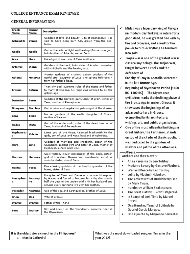 College Entrance Exam Reviewer PDF Zeus Atmosphere Of Earth
