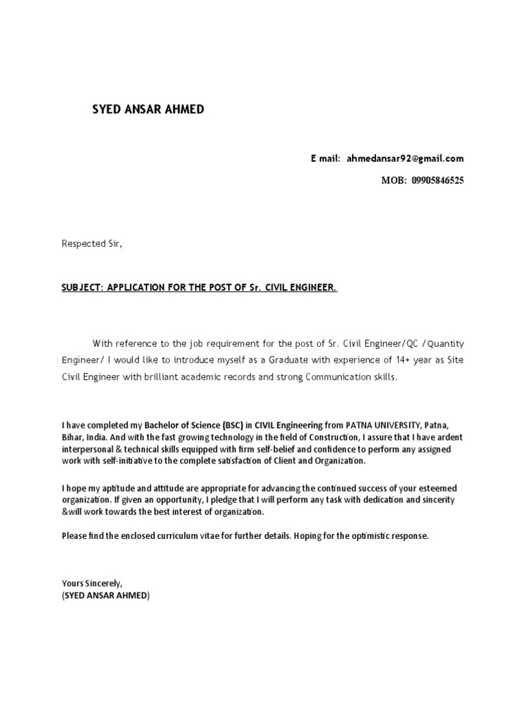 Application for Sr. Civil Engineer Position | PDF | Civil Engineering ...
