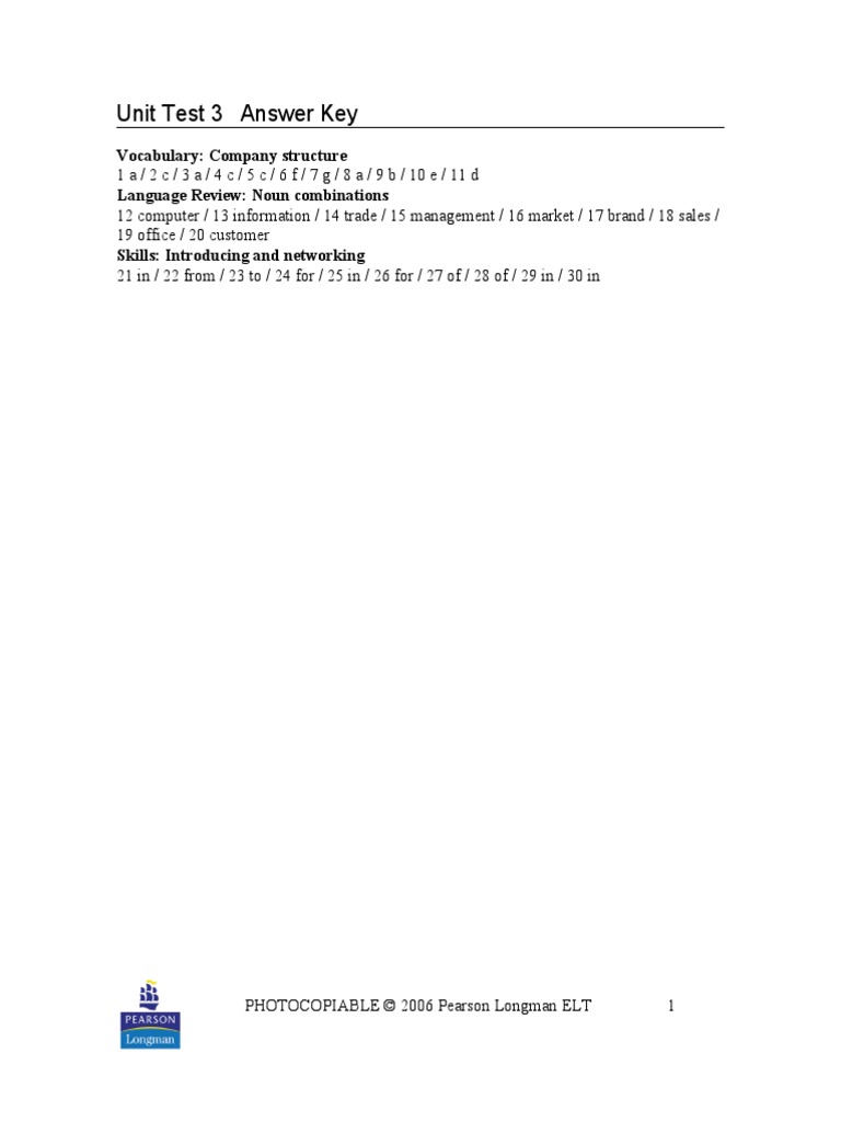 Unit Test 3 Answer Key: Vocabulary: Company Structure Language Review ...