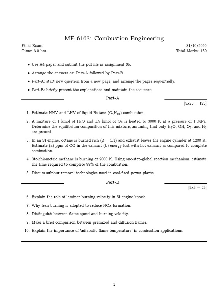 Combustion Engineering Final Exam Guide | PDF