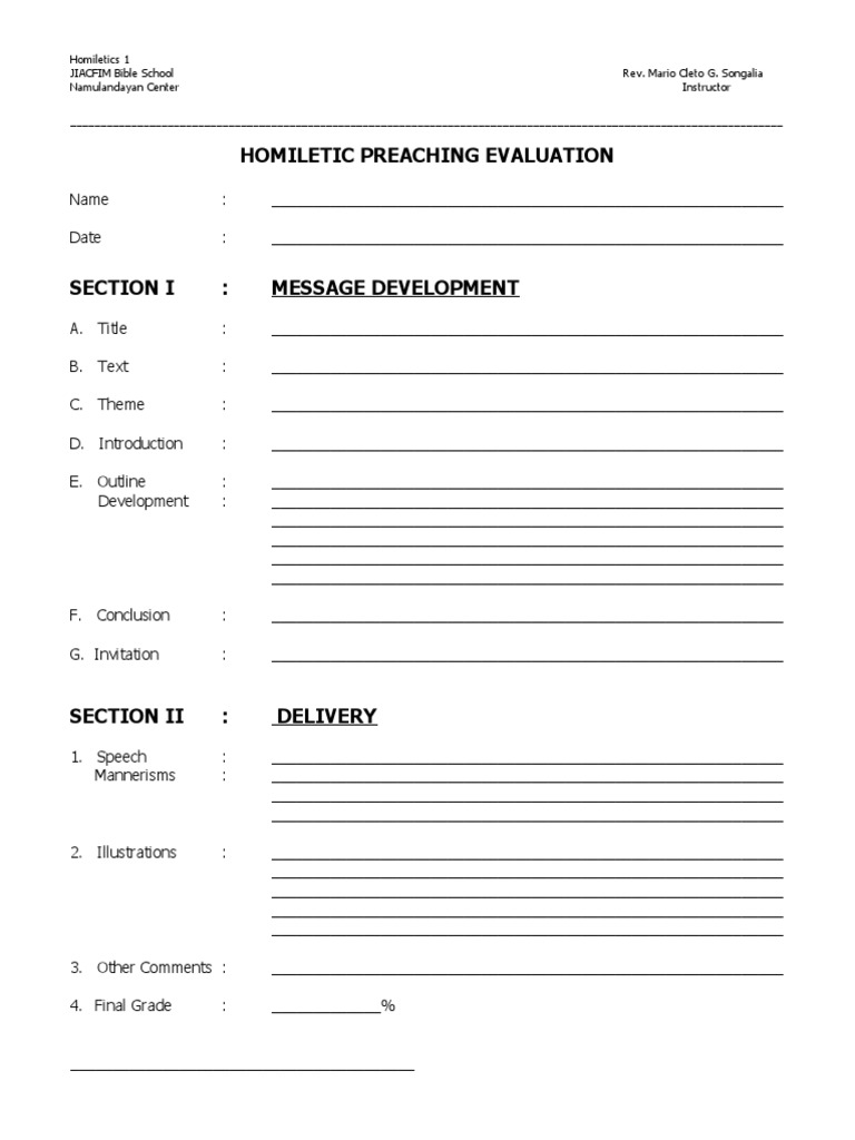Homiletic Preaching Evaluation | PDF | Homiletics | Religious Texts