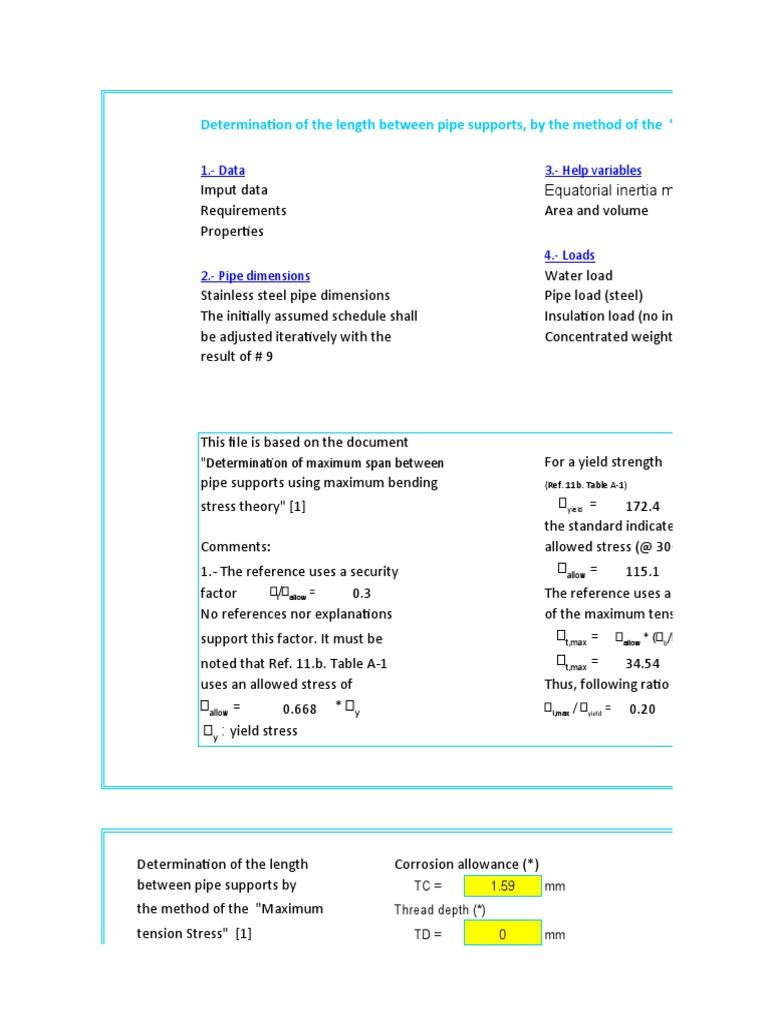 Pipes. Maximum Span Between Pipe Supports For A Given Maximum Bending Stress PDF Bending
