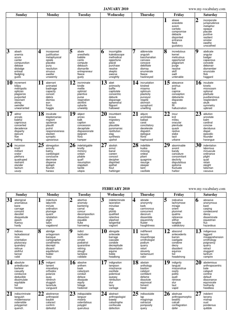 Word Group Calendar PDF