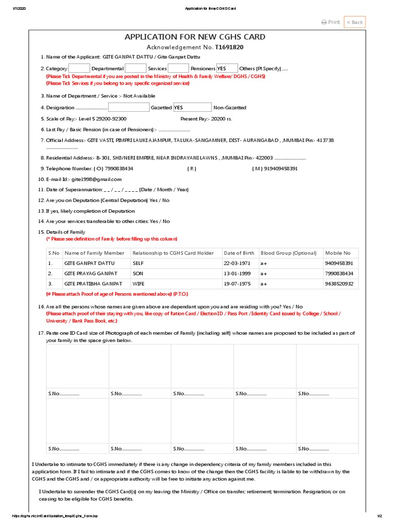 Application For New CGHS Card 1 PDF PDF Identity Document Government