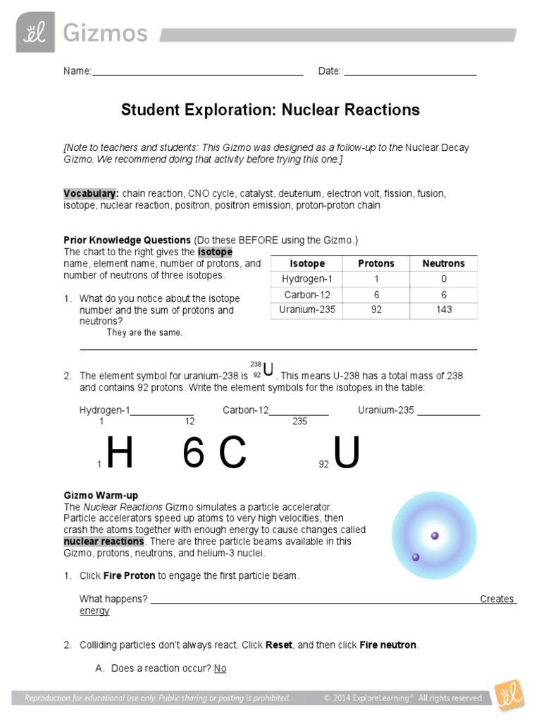 Student Exploration Nuclear Reactions Gizmo Answer Key